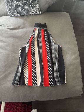 Sleeveless Halter Stripe & Polka Dot Print Top - Black, Red, Cream